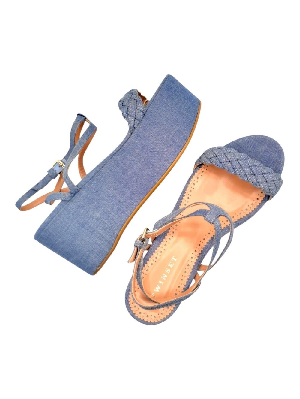 Twinset Blue Denim Platform Woven Strappy Sandal Size 10 - Picture 2 of 6